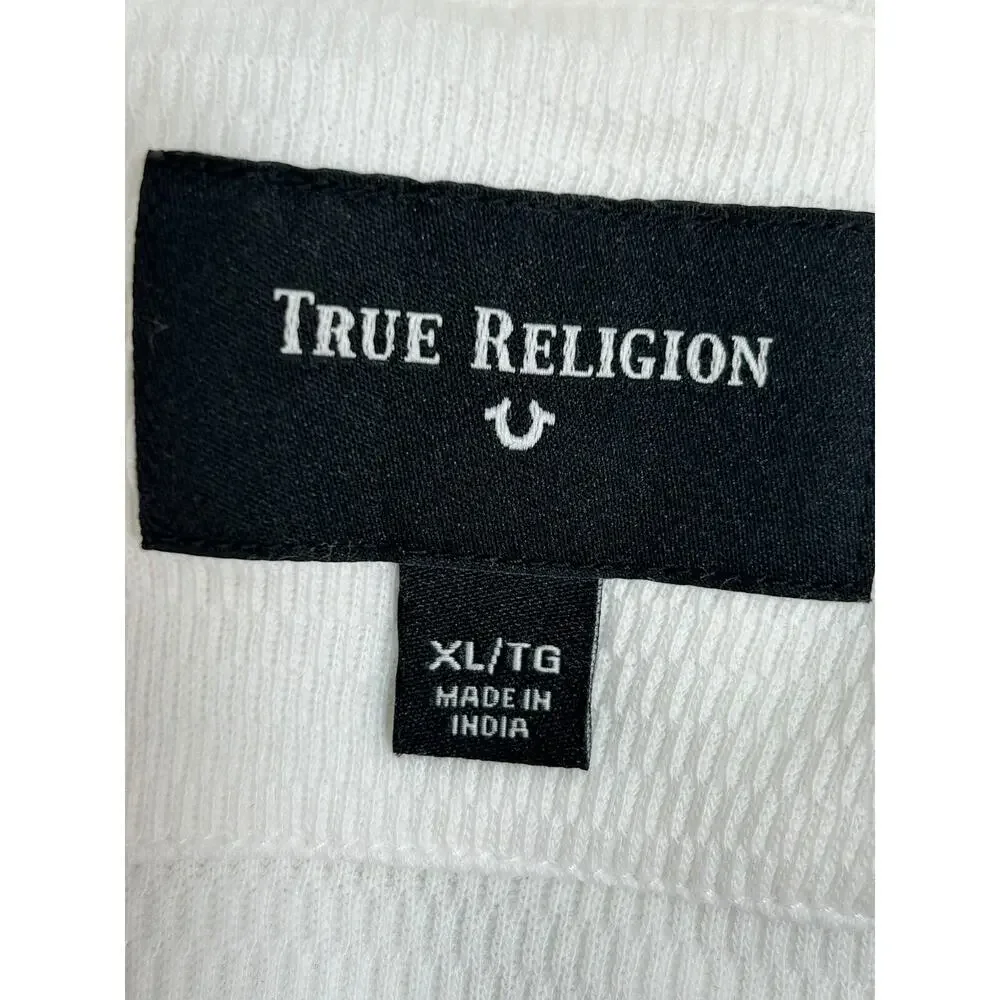 True Religion Top Mens XL White Cotton Waffle Knit Long Sleeve Henley Base Layer